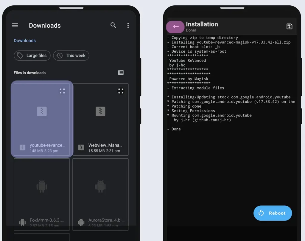 flash youtube revanced magisk module zip file